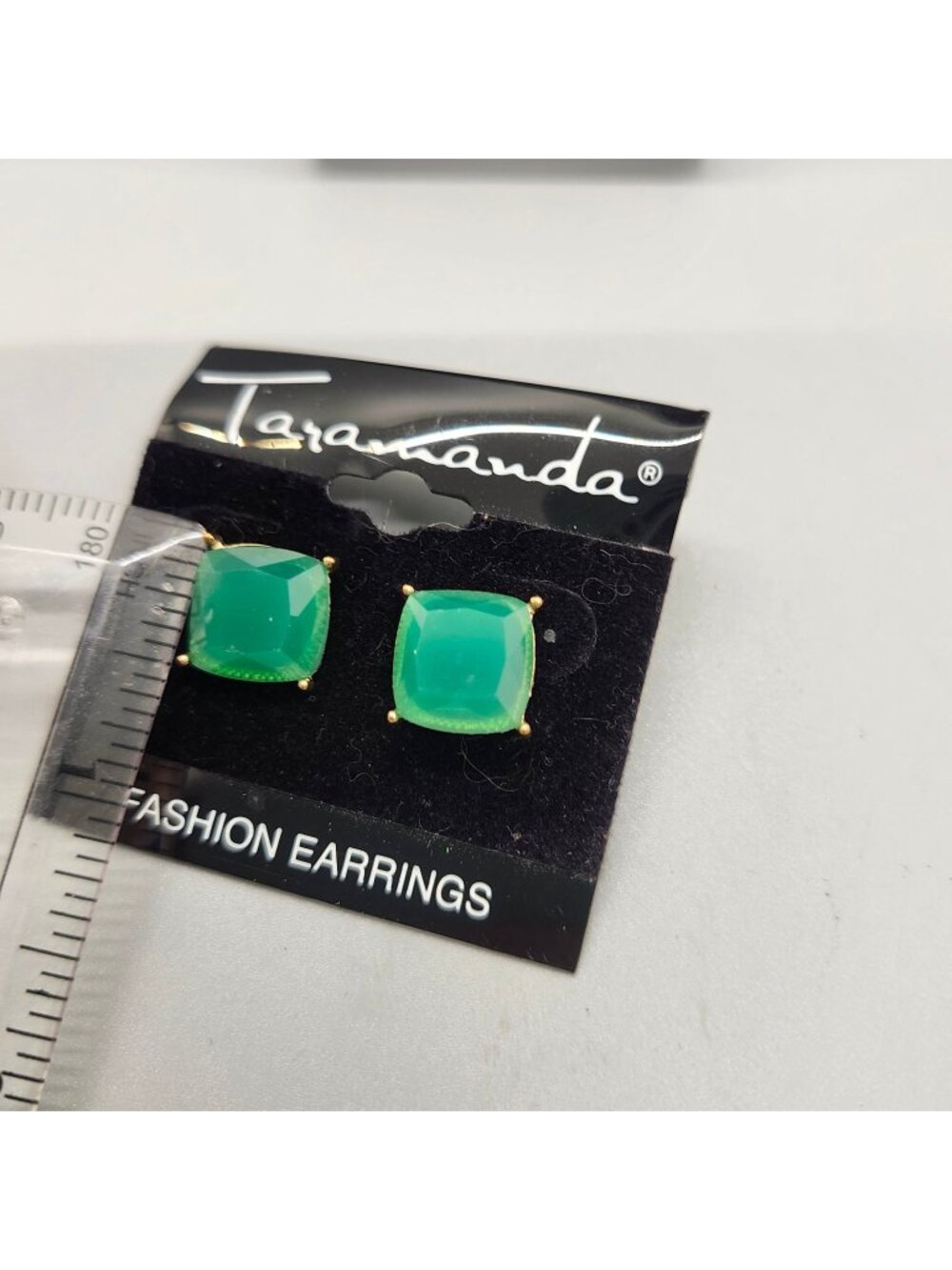 Taramanda Cushion Stud Earrings 15mm Green Stone Gold Tone Faceted Fashion - Picture 2 of 3